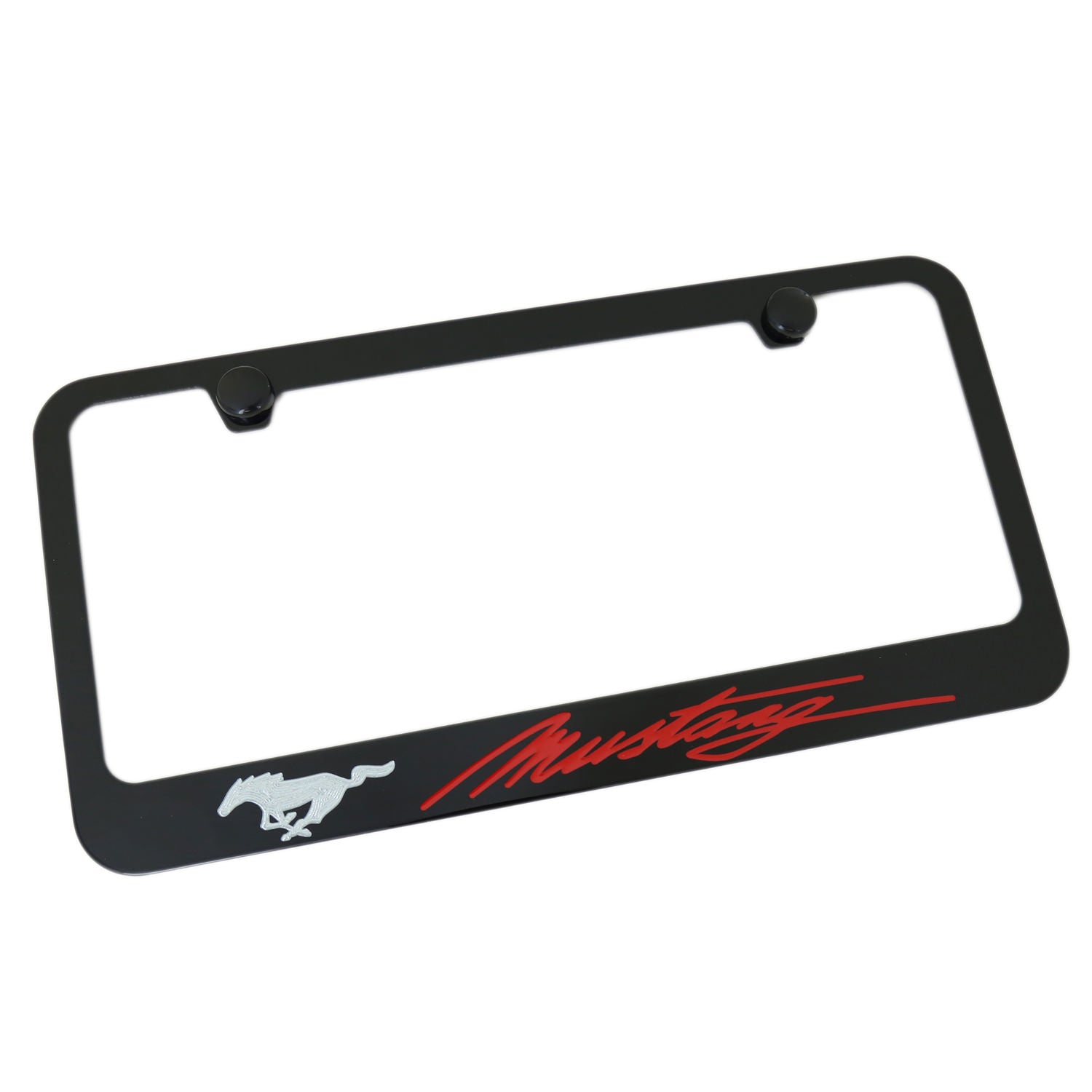 Ford Mustang Red Script Name License Plate Frame (Black) - Custom Werks